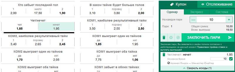 Линия букмекера Лга Ставок на нечет